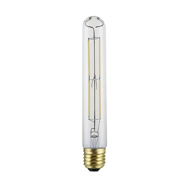 A 7W dimmable LED tubular filament bulb with a clear design and a brass-colored E27 base is centered against a white background.