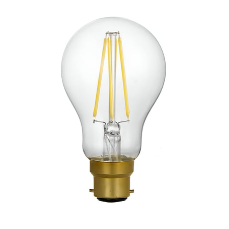 A beautifully isolated dimmable 8W LED GLS filament bulb with a clear design and visible filaments, featuring a gold B22 base, set against a white background.