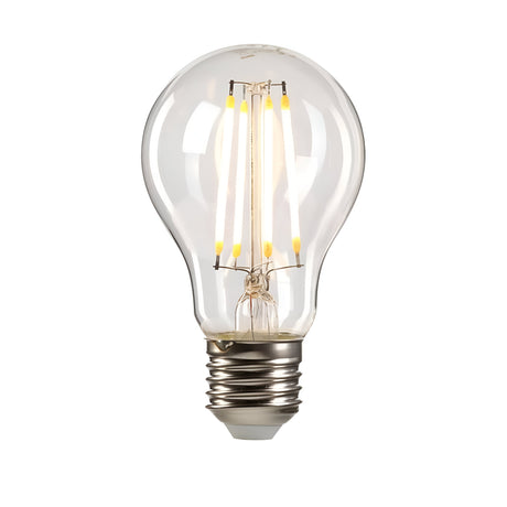 The 8W Dimmable LED GLS Filament Bulb boasts a clear design with its gleaming internal yellow filaments and a silver E27 screw base. This energy-saving lighting solution is beautifully highlighted against a minimalist white background.