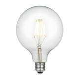 Introducing the 8W Dimmable LED Globe Filament Bulb - Clear, featuring a visible filament and energy-efficient LED technology. This bulb has an E27 metal base, designed to fit into standard sockets, and is set against a plain white background that emphasizes its simple and classic design.