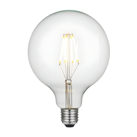 Introducing the 8W Dimmable LED Globe Filament Bulb - Clear, featuring a visible filament and energy-efficient LED technology. This bulb has an E27 metal base, designed to fit into standard sockets, and is set against a plain white background that emphasizes its simple and classic design.