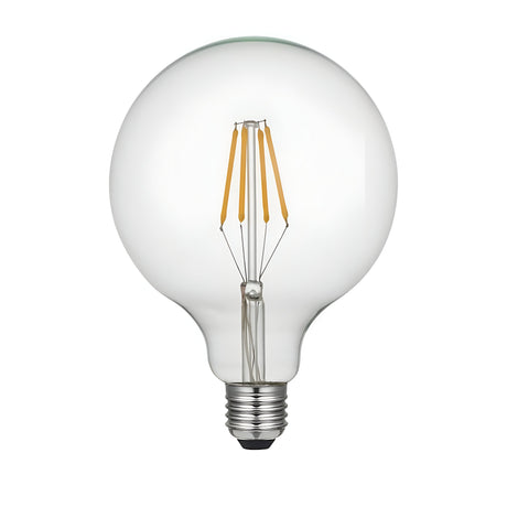 The 8W Dimmable LED Globe Filament Bulb - Clear, E27, 3000K highlights its visible filament against a white background. Its rounded glass design and metallic screw base showcase energy-saving LED technology.