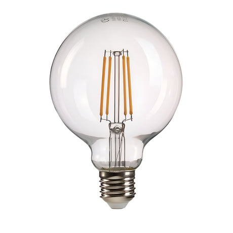 The 8W Non-Dimmable LED Filament Globe Bulb features a clear glass finish and an Edison screw base (E27). It showcases a vertical arrangement of visible LED filaments inside, making it an energy-efficient lighting option with a smooth glass surface.