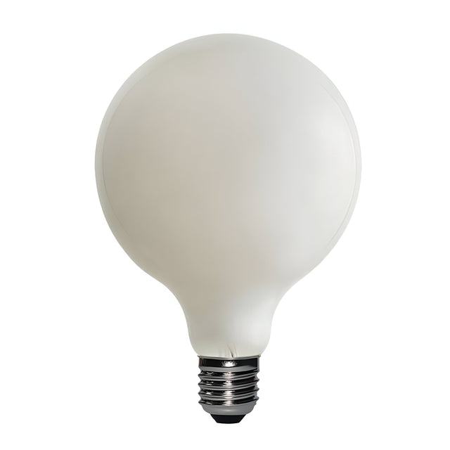 An 8W dimmable LED globe bulb, with an opal finish and E27 silver screw base, is centered against a plain white background. This bulb showcases a classic design with its smooth surface while representing the future of energy-efficient lighting, even when not illuminated.