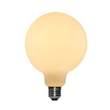 An illuminated 8W Dimmable LED Globe Bulb with an opal finish and an E27 standard screw base emits a warm, yellowish glow of 3000K against a plain white background, offering energy-efficient lighting for any space.