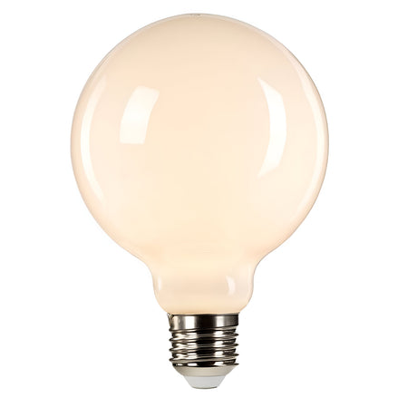 The 8W Non-Dimmable LED Globe Bulb features an opal finish and a standard E27 screw base, casting a soft, energy-efficient glow. Its cream-colored surface with an opalescent touch enhances light diffusion, embodying simplicity and modernity against a plain white background.