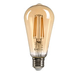 An 8W dimmable LED filament bulb with a visible filament design, featuring an E27 screw base. The amber LED bulb emits a warm 3000K tint and has a classic teardrop shape, evoking an antique aesthetic perfect for those seeking vintage-style lighting.