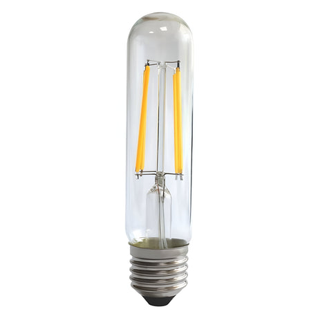 A clear, 8W dimmable LED tubular filament bulb with two visible yellow filaments inside is set against a white background. This bulb, named the "8W Dimmable LED Tubular Filament Bulb - Clear, E27, 3000K," boasts vintage aesthetics and features a metallic E27 screw base at the bottom.