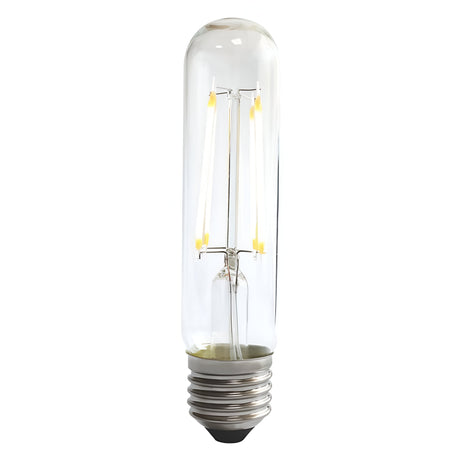 This is the 8W Dimmable LED Tubular Filament Bulb, featuring a clear elongated design with visible filaments that exude vintage aesthetics. It comes with a silver E27 screw base and offers dimmable functionality for versatile lighting in any setting. The background is plain white.