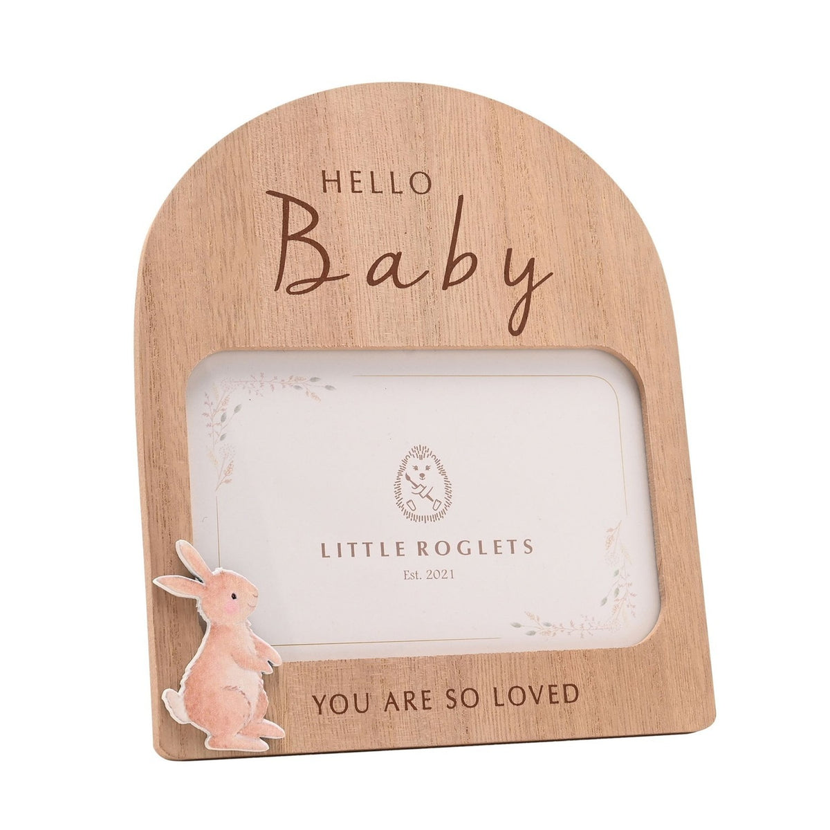 Hello Baby Arched Wooden Photo Frame with Bunny - Natural