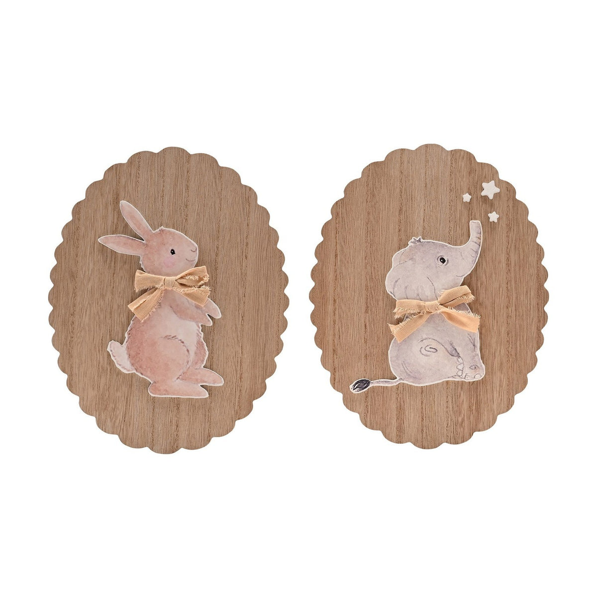 Set of 2 Bunny & Elephant Wooden Wall Art - Brown & White