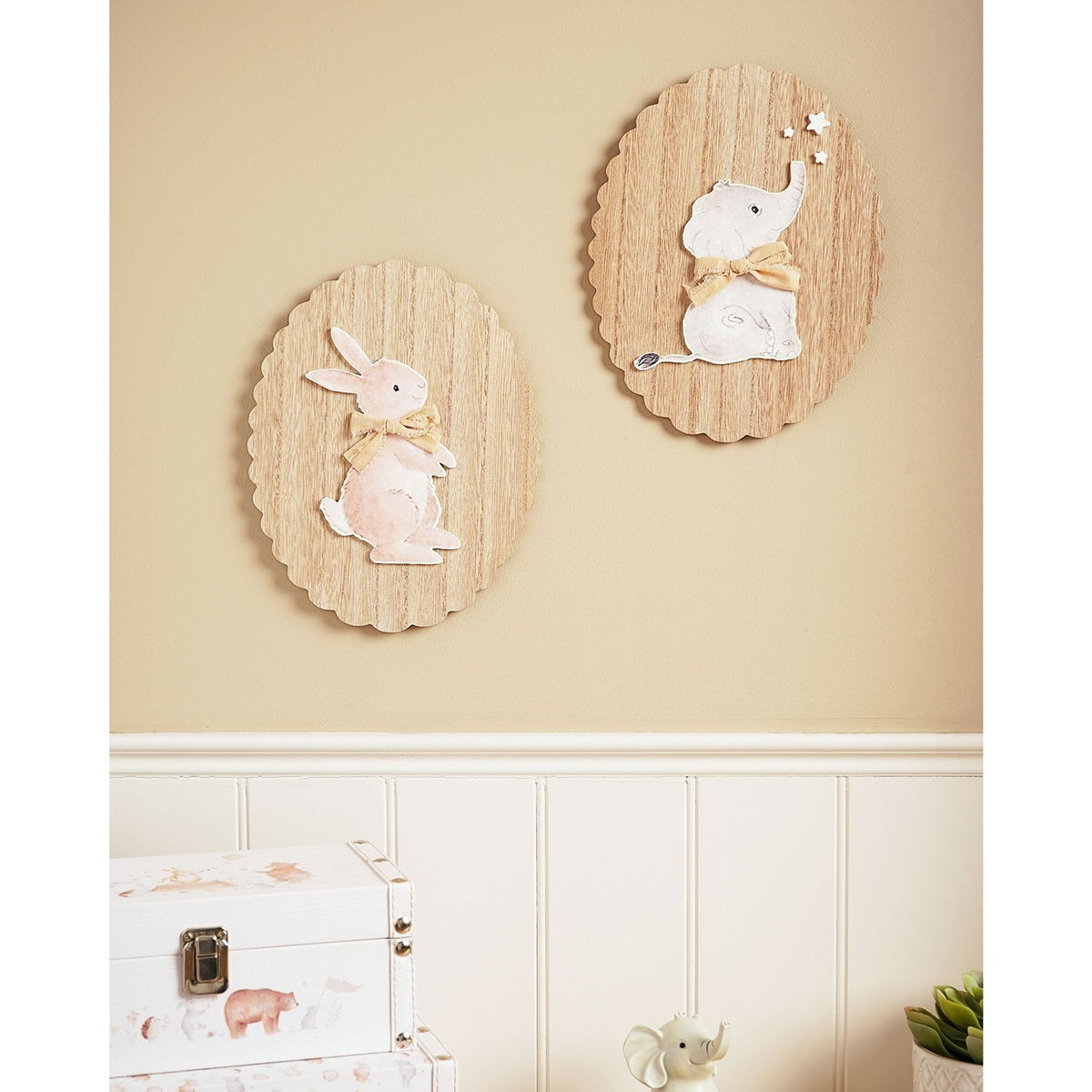 Set of 2 Bunny & Elephant Wooden Wall Art - Brown & White