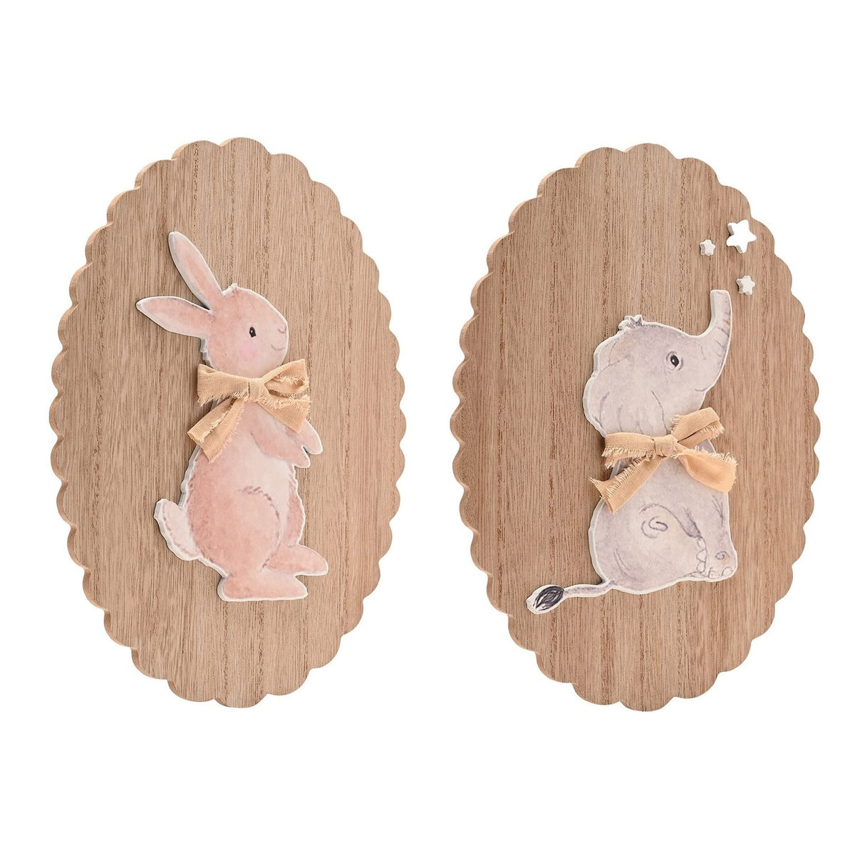 Set of 2 Bunny & Elephant Wooden Wall Art - Brown & White