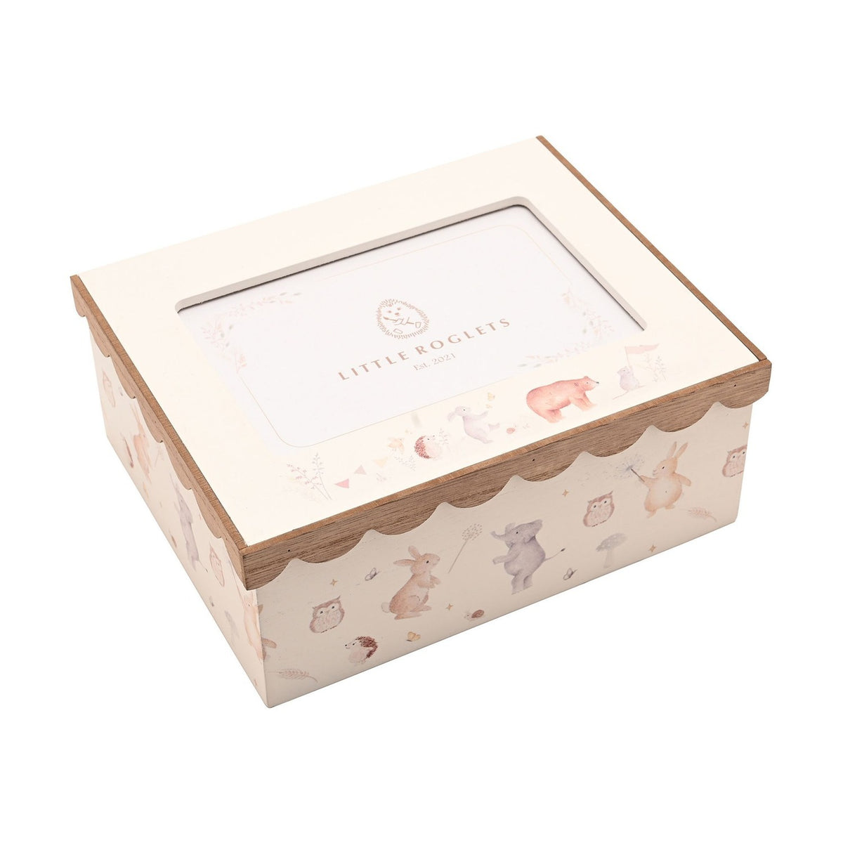 Wooden photo keepsake box, 6 x 4in, in cream with a natural wood scalloped lid edge, photo window, and a watercolour-style animal print around the sides, shown on a white background.