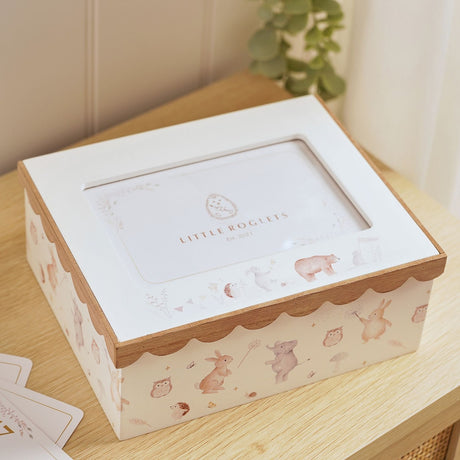 Cream wooden photo keepsake box, 6 x 4in, with scalloped natural wood lid edge, photo window, and watercolour-style animal print sides, shown on a wooden surface.