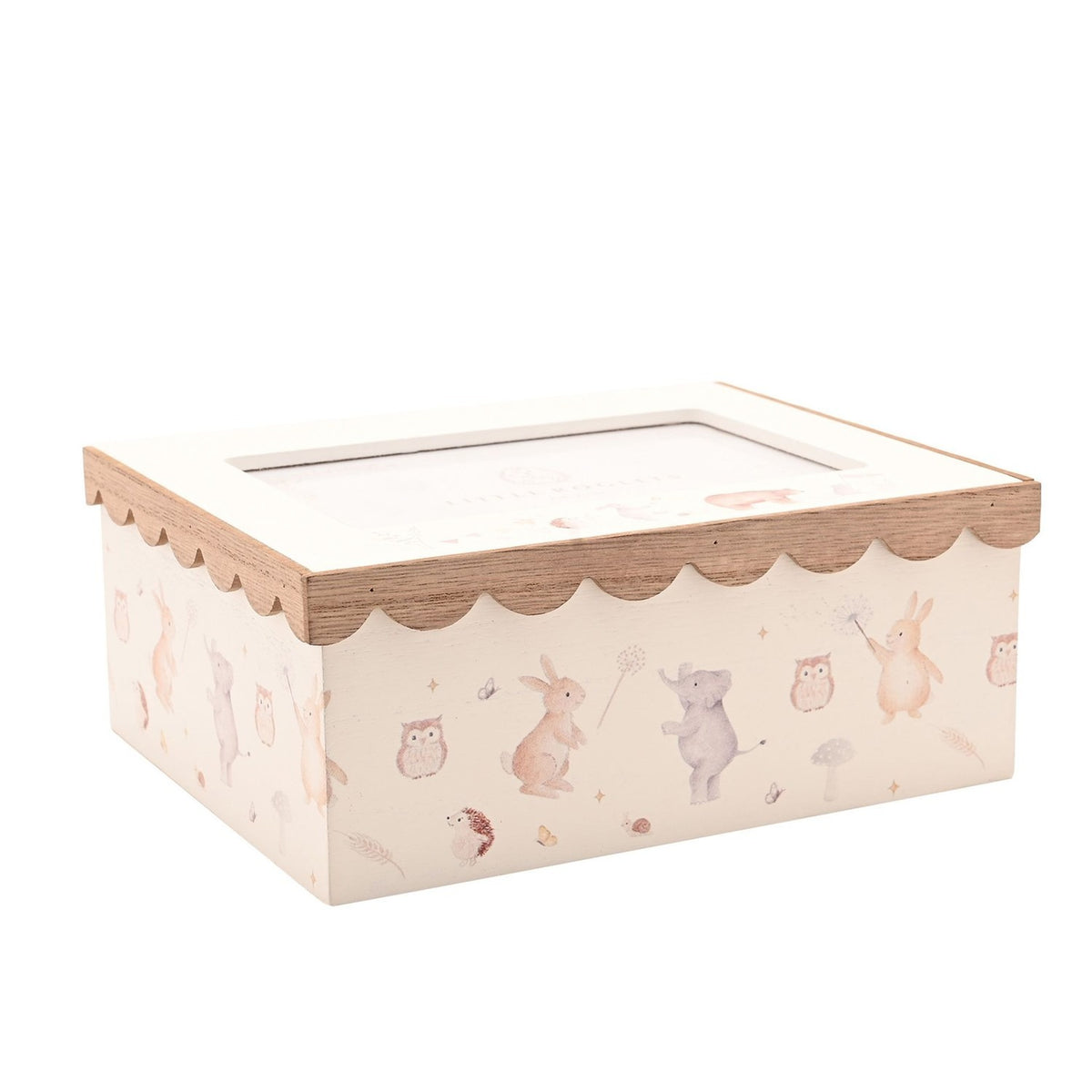 Rectangular wooden photo keepsake box in cream, with a scalloped natural wood lid edge, photo window, and watercolour-style rabbits, owls, and elephant print on the sides, shown on a white background.