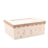 Rectangular wooden photo keepsake box in cream, with a scalloped natural wood lid edge, photo window, and watercolour-style rabbits, owls, and elephant print on the sides, shown on a white background.