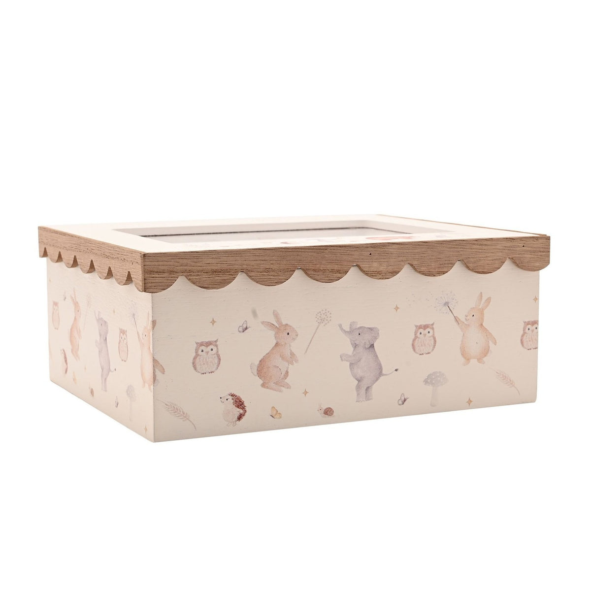 Rectangular wooden photo keepsake box in cream with a scalloped natural wood lid edge and a photo window, sides printed with watercolour-style rabbits, owls, and elephant on a plain white background.