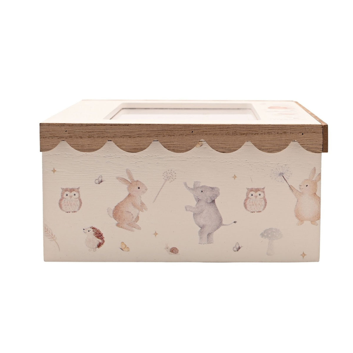 Rectangular cream wooden keepsake box with scalloped natural wood lid edge and a watercolour-style print of rabbits, owls, an elephant and hedgehog, on a plain white background.
