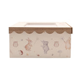 Rectangular cream wooden keepsake box with scalloped natural wood lid edge and a watercolour-style print of rabbits, owls, an elephant and hedgehog, on a plain white background.