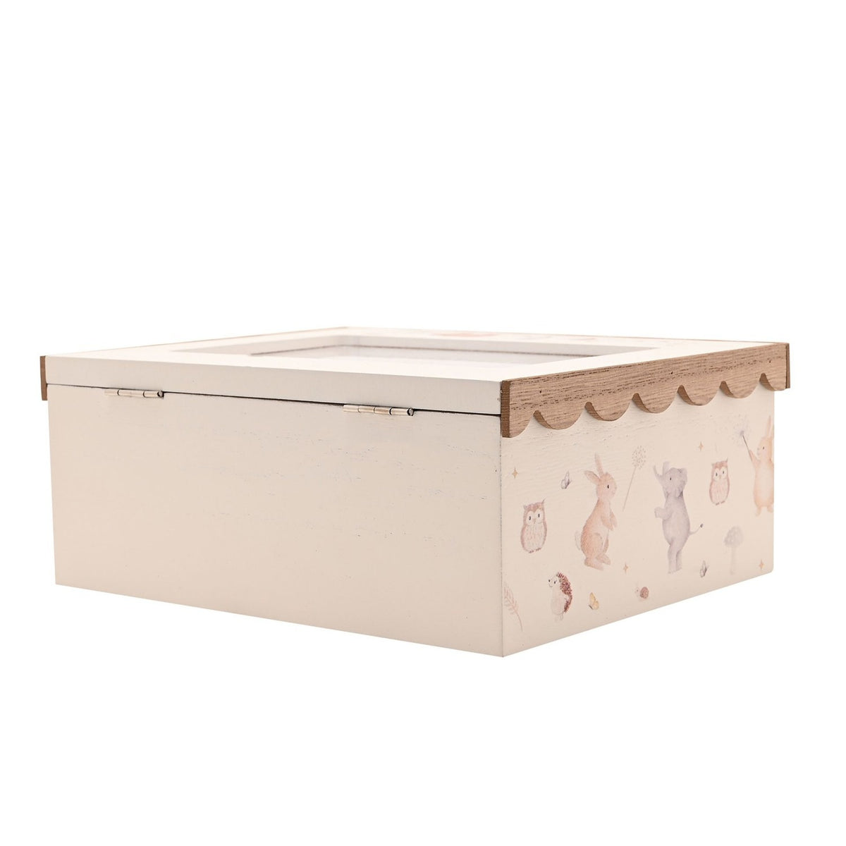 Wooden photo keepsake box in cream, rectangular with a natural wood scalloped lid edge and watercolour-style rabbit and owl print on the sides, shown on a white background.