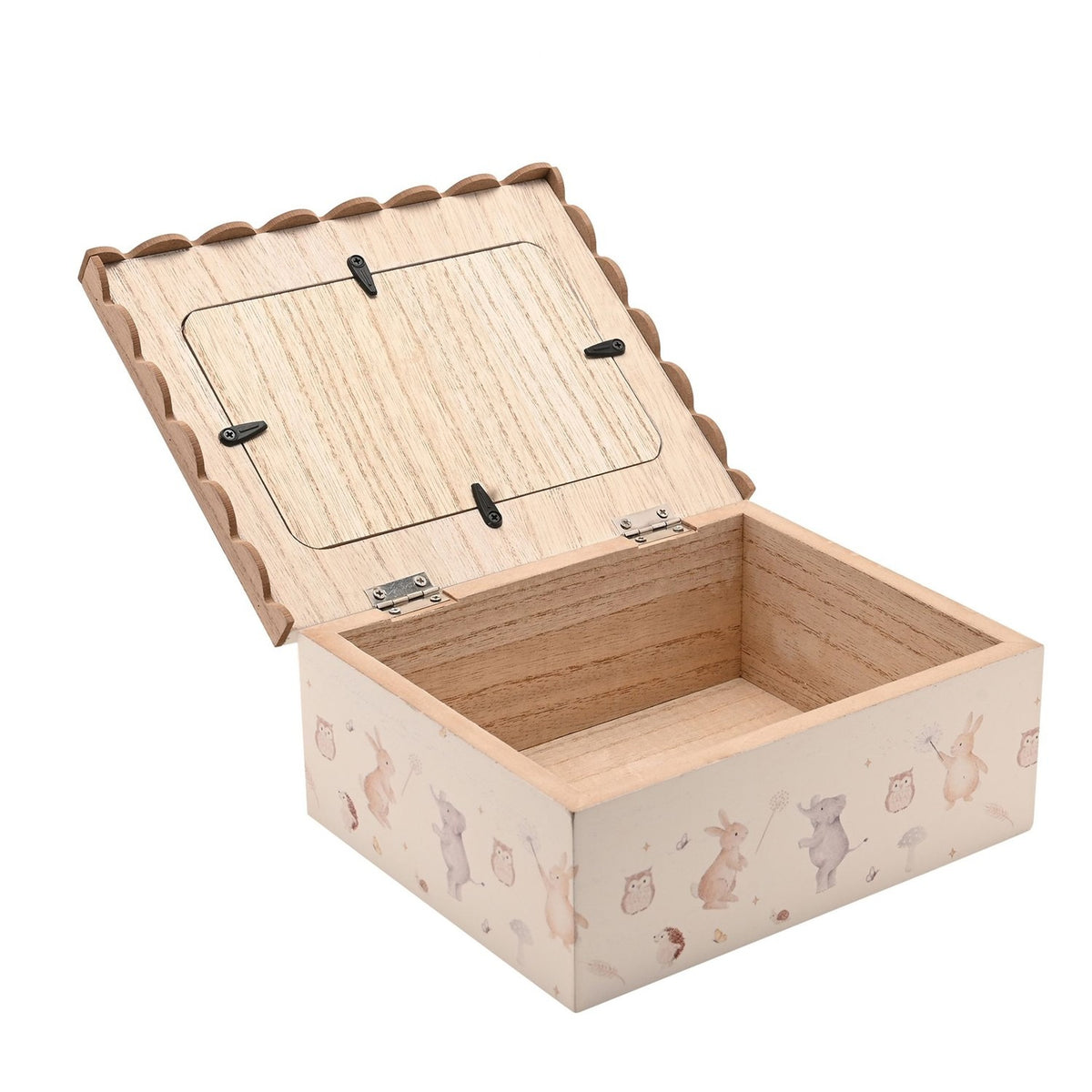 Open 6x4in cream wooden keepsake box with scalloped wood lid, printed photo frame insert, and watercolour rabbit and owl sides, shown empty on white background.