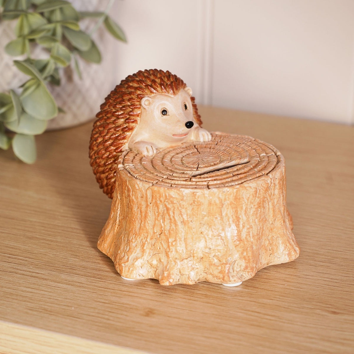 Small Hedgehog Tree Stump Resin Money Box - Natural & Brown