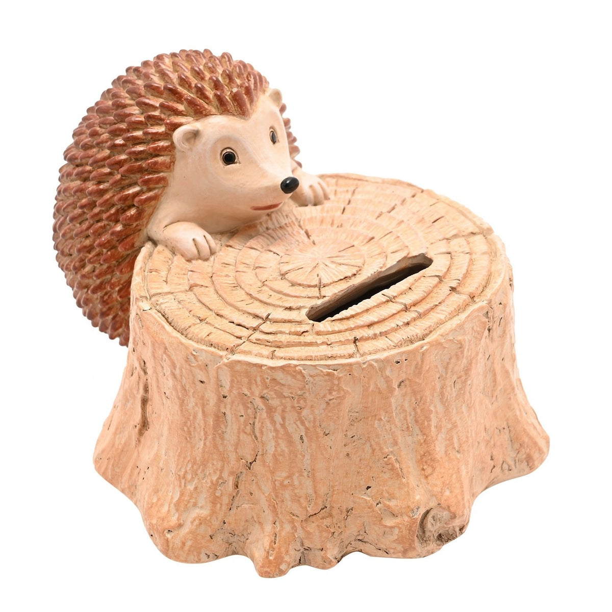 Small Hedgehog Tree Stump Resin Money Box - Natural & Brown