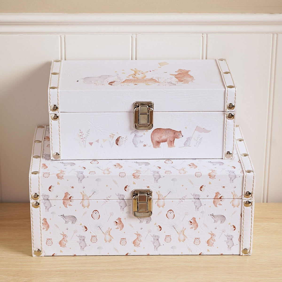 Set of 2 Woodland Animal Print Wooden Storage Boxes - Pink