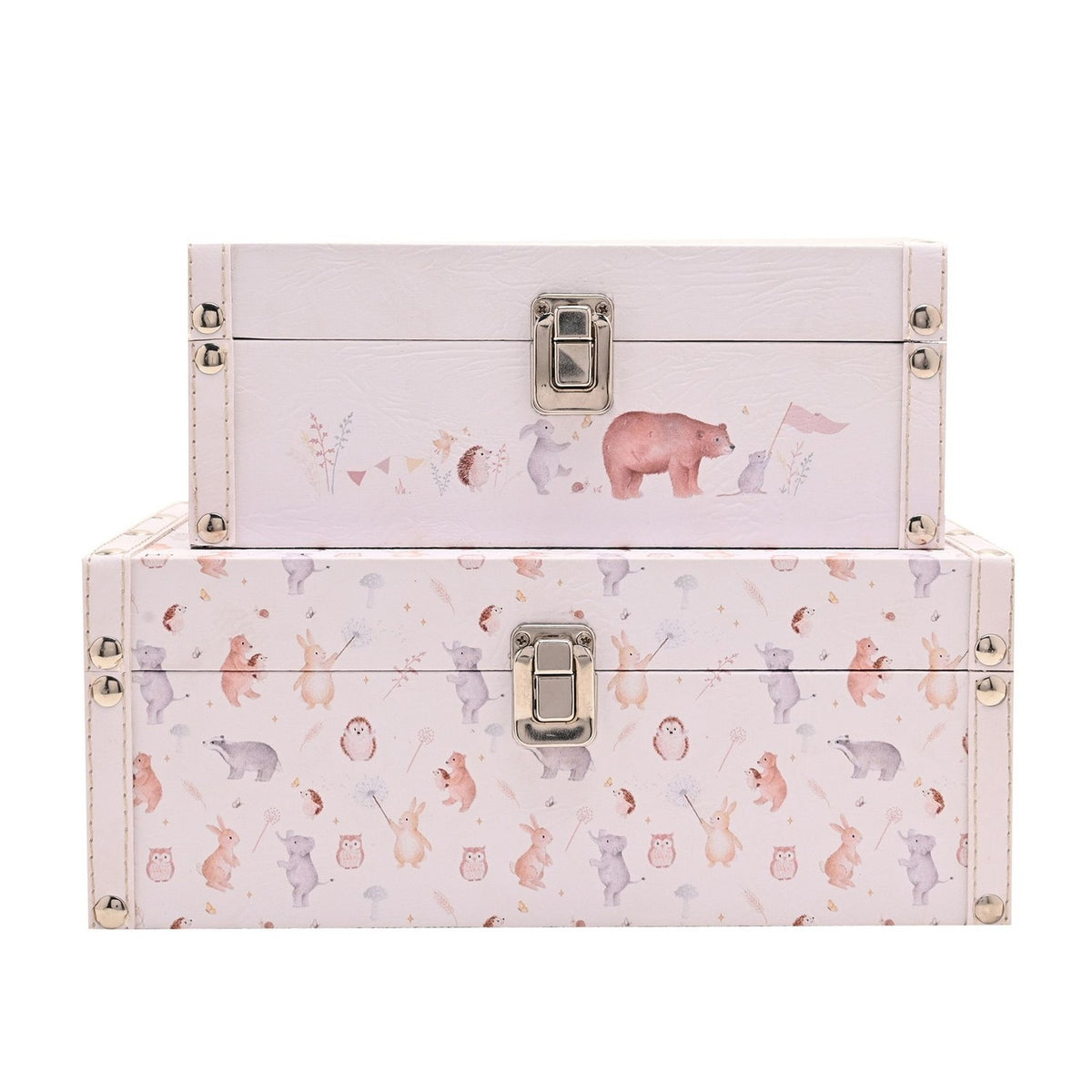 Set of 2 Woodland Animal Print Wooden Storage Boxes - Pink