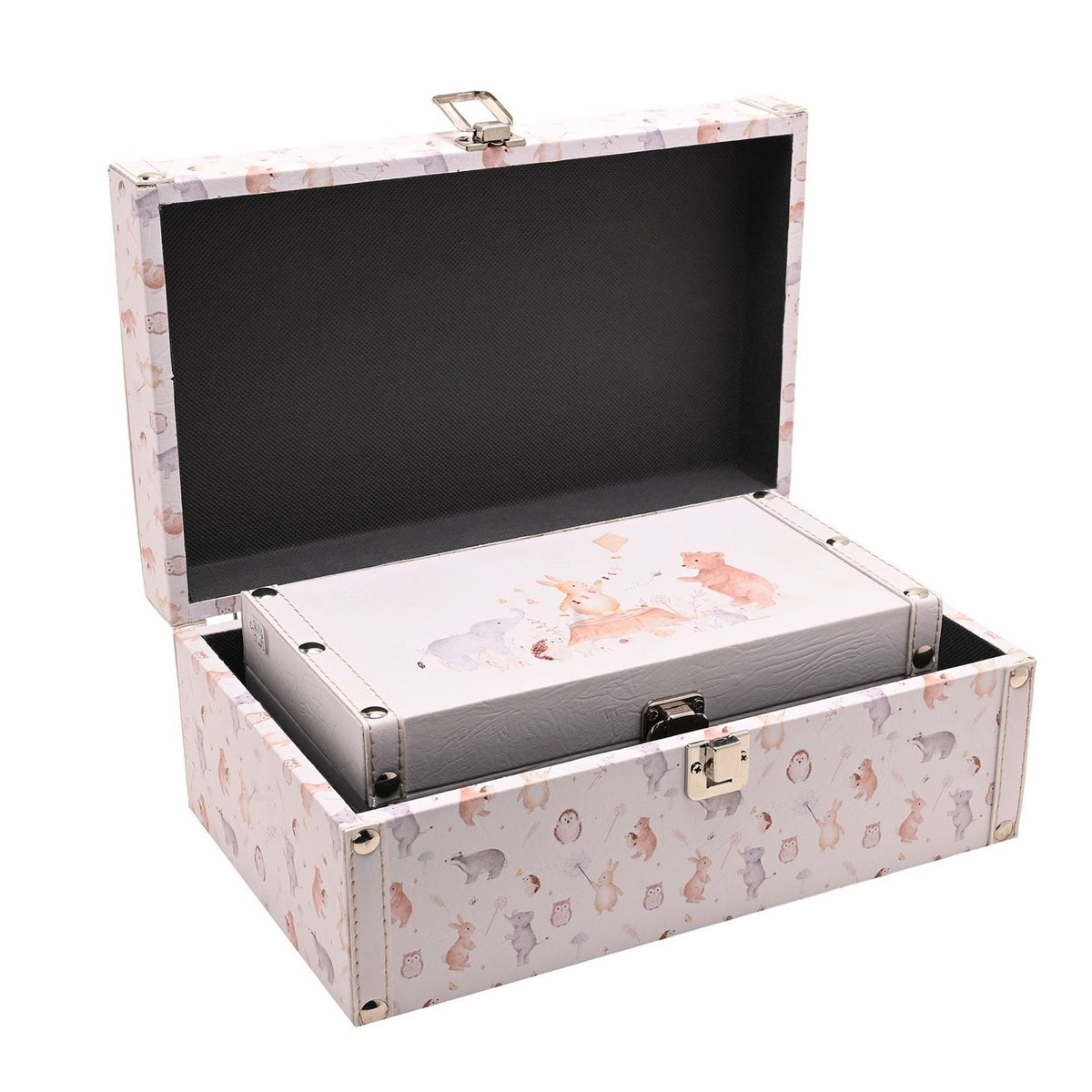 Set of 2 Woodland Animal Print Wooden Storage Boxes - Pink