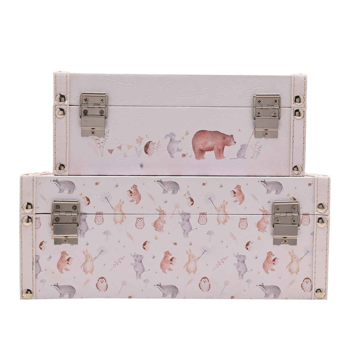 Set of 2 Woodland Animal Print Wooden Storage Boxes - Pink