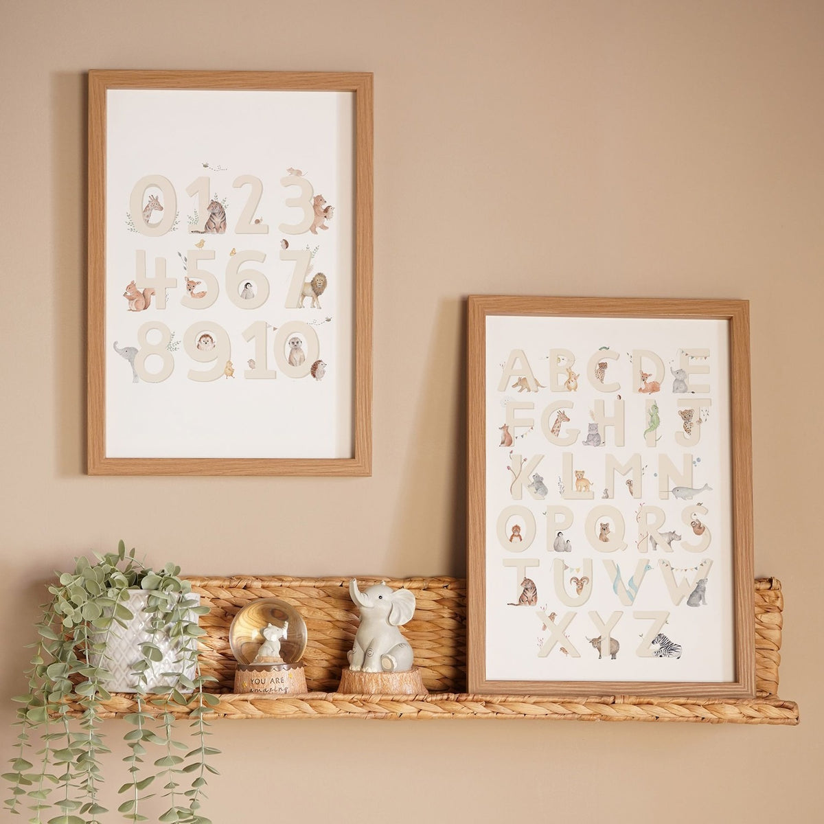 Set of 2 Animal Learning Wooden Wall Art A3 - Cream & Natural