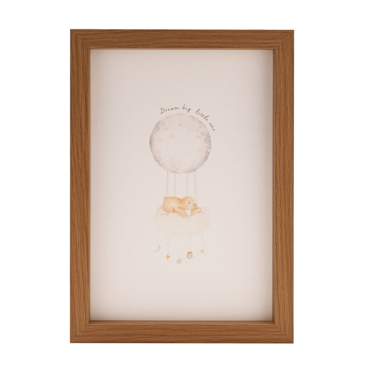 Dream Big Moon Balloon wooden wall art in a natural frame, showing a watercolour print of a grey moon, cloud, sleeping bear, stars and owl, with "Dream big little one" text, on a white background.