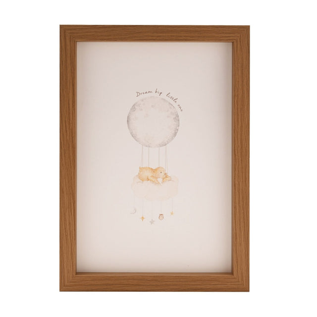 Dream Big Moon Balloon wooden wall art in a natural frame, showing a watercolour print of a grey moon, cloud, sleeping bear, stars and owl, with "Dream big little one" text, on a white background.