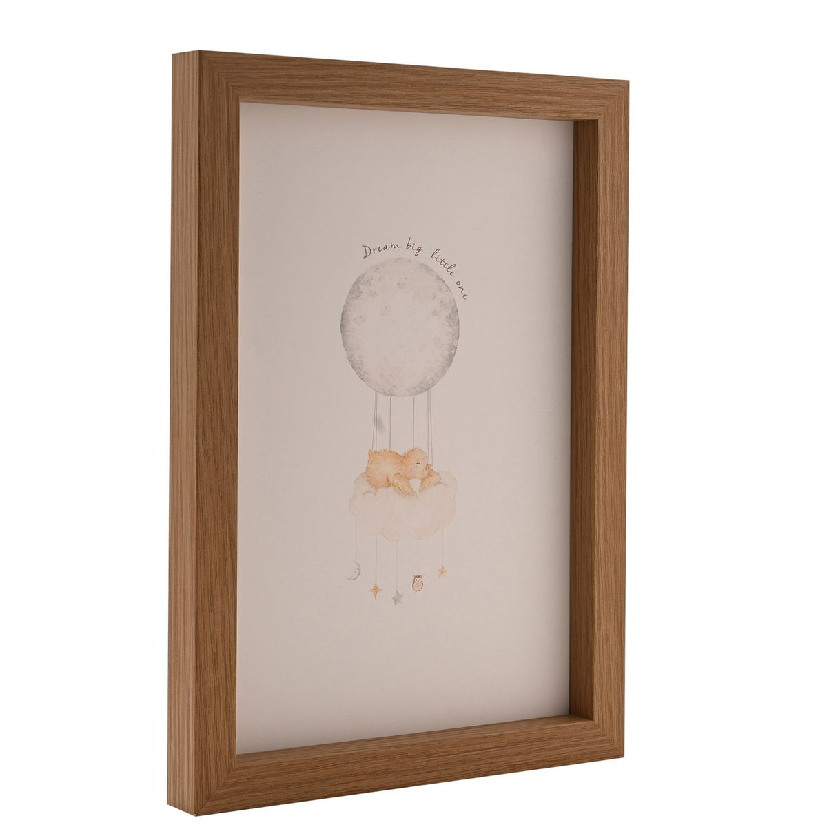 Framed A4 wall art in a natural wood box frame, showing a watercolour print of a bear asleep on a cloud beneath a moon, with "Dream big little one" text, on a plain white background.