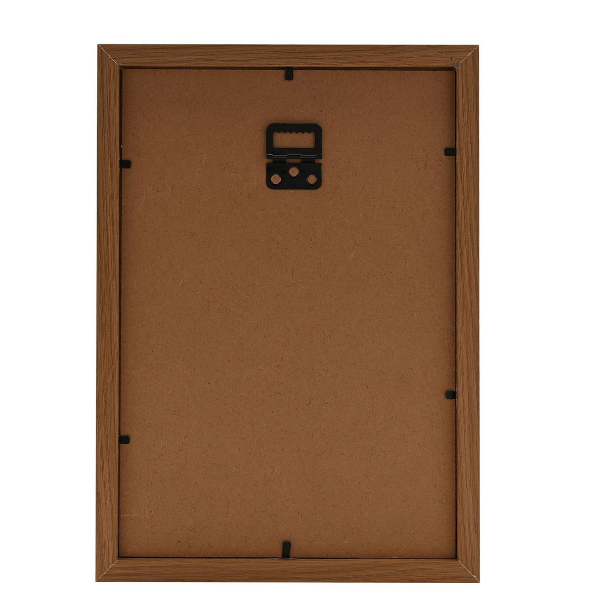Back view of the Dream Big Moon Balloon wooden wall art frame in A4, showing a natural wood finish, brown backing board, black sawtooth hanger, and metal mounting clips on a plain white background.