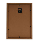 Back view of the Dream Big Moon Balloon wooden wall art frame in A4, showing a natural wood finish, brown backing board, black sawtooth hanger, and metal mounting clips on a plain white background.