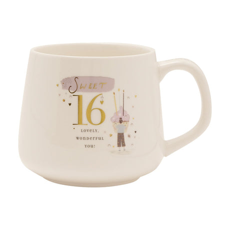Cream stoneware mug with C-shaped handle, "Sweet 16" in gold over a lilac brushstroke, "lovely, wonderful you" text, and an illustrated figure holding a cupcake.
