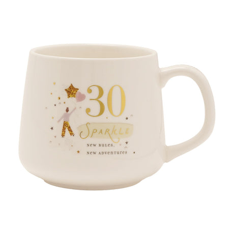 Cream stoneware mug with C-handle featuring a gold "30" and "Sparkle" script, a figure holding a star and heart balloon, and "New Rules, New Adventures" text, on a white background.