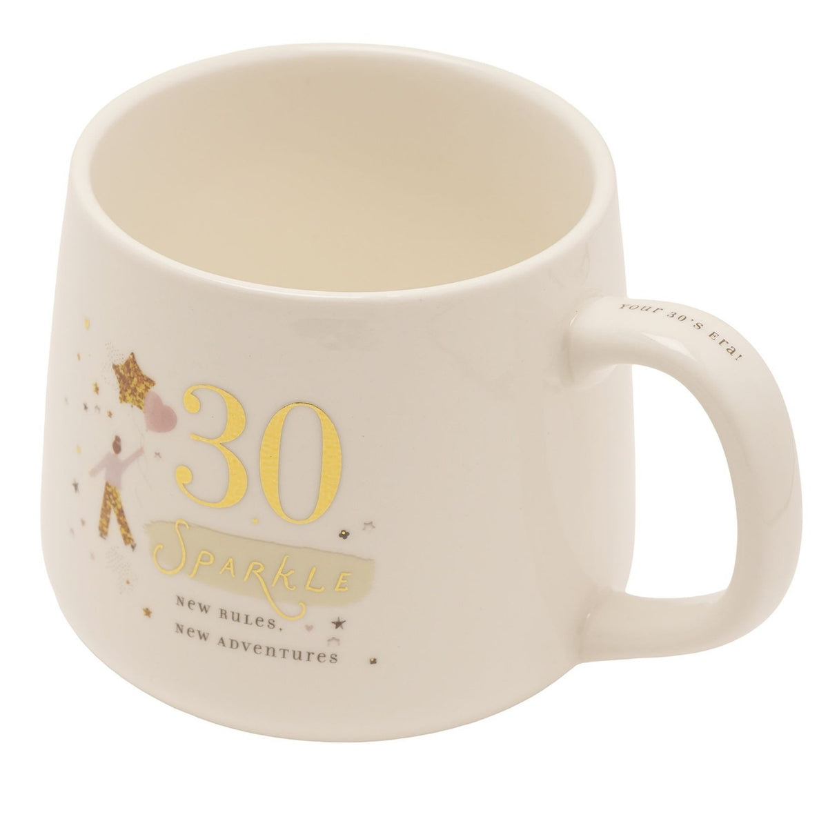 Cream stoneware mug with gold "30" and "Sparkle" script, an illustrated figure holding a star and heart balloon, "New Rules, New Adventures" text, on a plain white background.