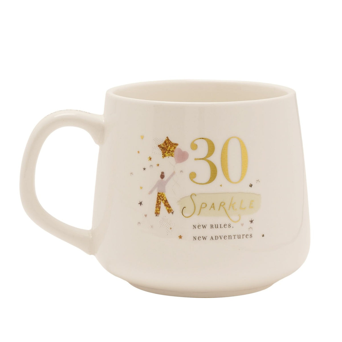 Cream stoneware mug with gold "30" and "Sparkle" script, a figure holding a star and heart balloon, and "New Rules, New Adventures" text, shown on a white background.