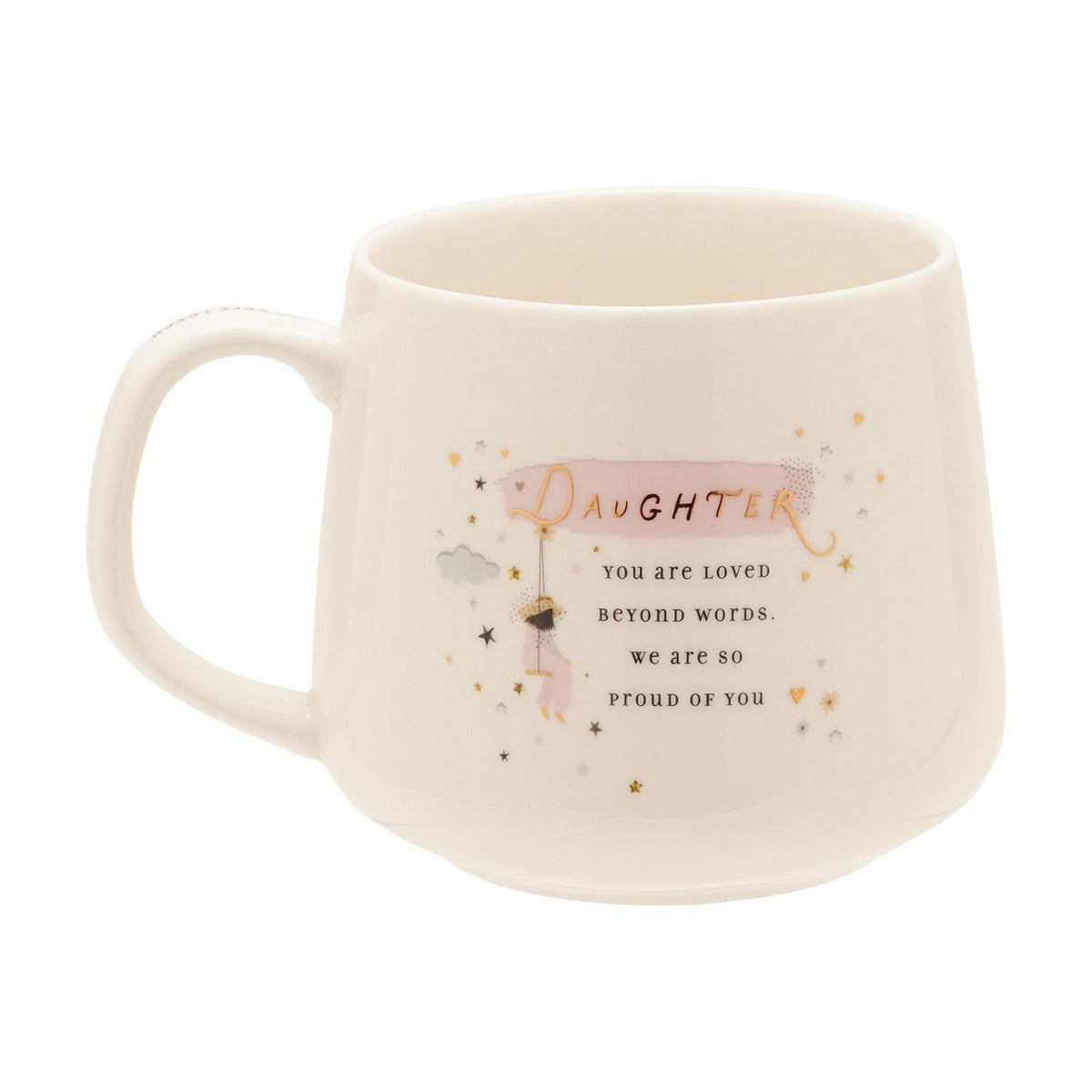White stoneware mug with "Daughter, You Are Loved Beyond Words" printed in gold script on a pink banner, with a figure on a swing, stars, and clouds, set against a plain white background.