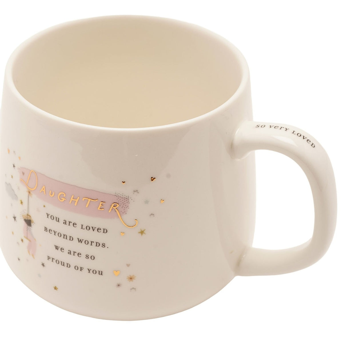 White stoneware mug with "Daughter" in gold script on a pink banner, "You are loved beyond words" text, swing figure and gold star details, on a white background.