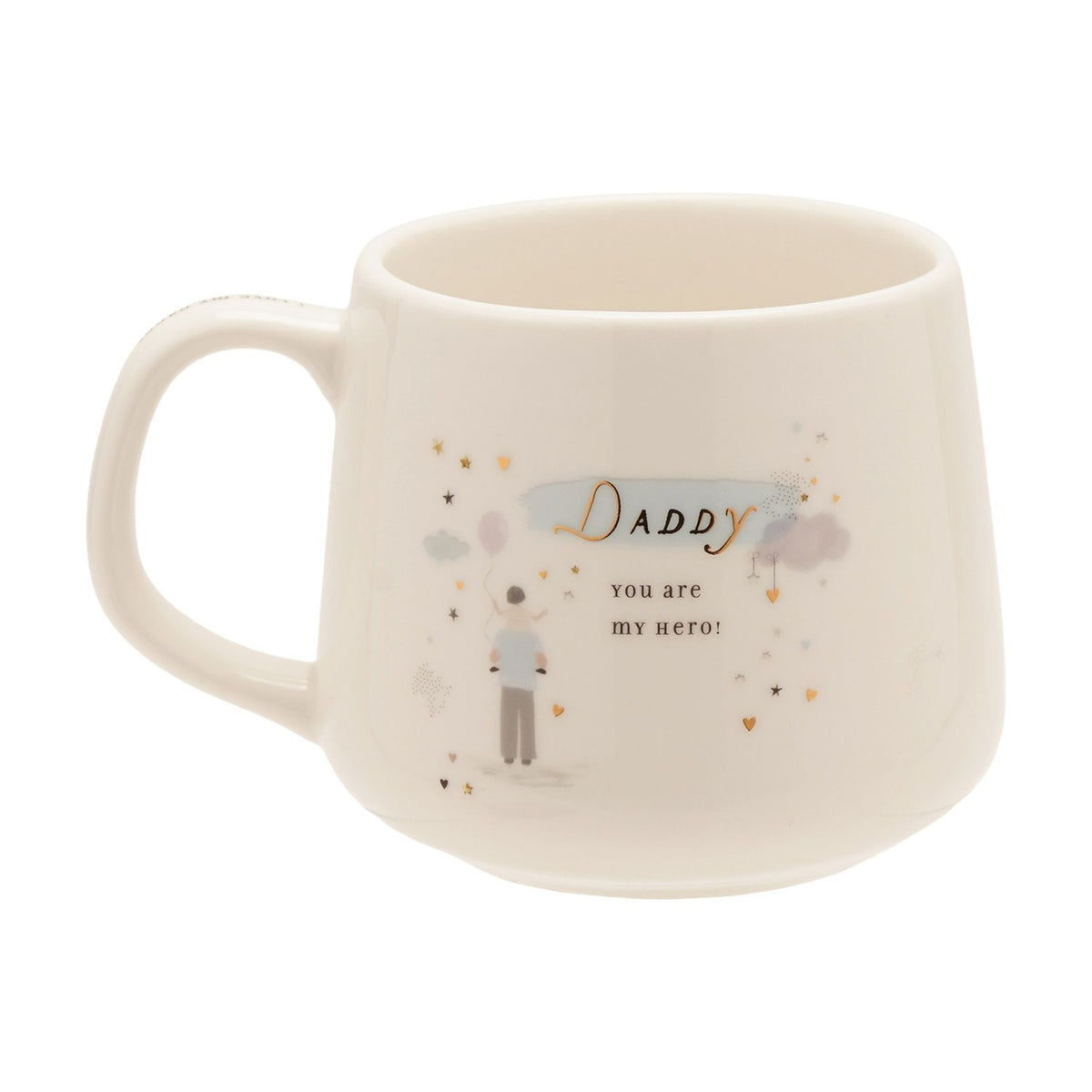 Cream stoneware mug with gold "Daddy" script, "you are my hero!" text, and an illustration of a man holding a balloon amid pastel clouds, stars, and gold hearts, shown on a white background.
