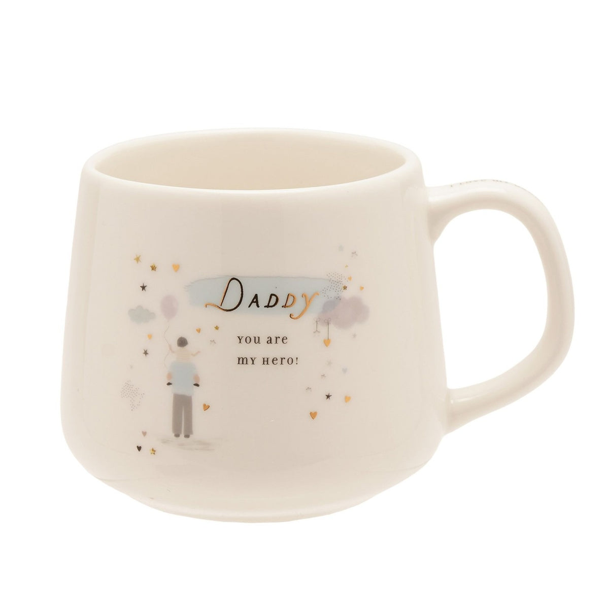 Cream stoneware mug with C-handle featuring "Daddy you are my hero" in gold script, a dad and child with balloon illustration, and gold hearts and stars, on a plain white background.