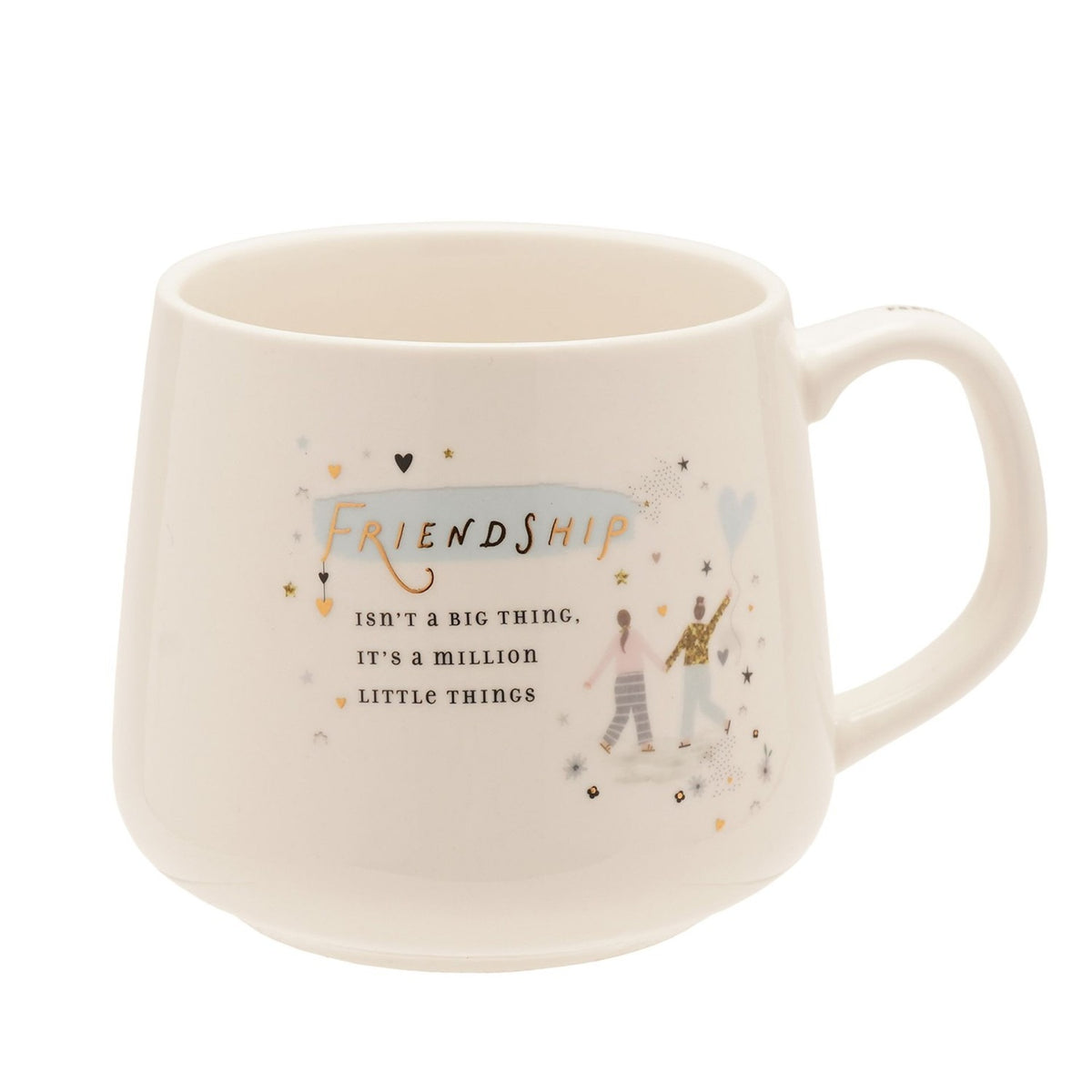 White stoneware mug with C-handle, printed with "Friendship" in gold over a blue brushstroke and two figures with a heart balloon, shown on a plain white background.