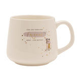 White stoneware mug with "Fun and Fabulous Friends Make Life Better" text, "Friends" in gold script over a purple brushstroke, two friends illustration, gold stars and hearts, plain white background.