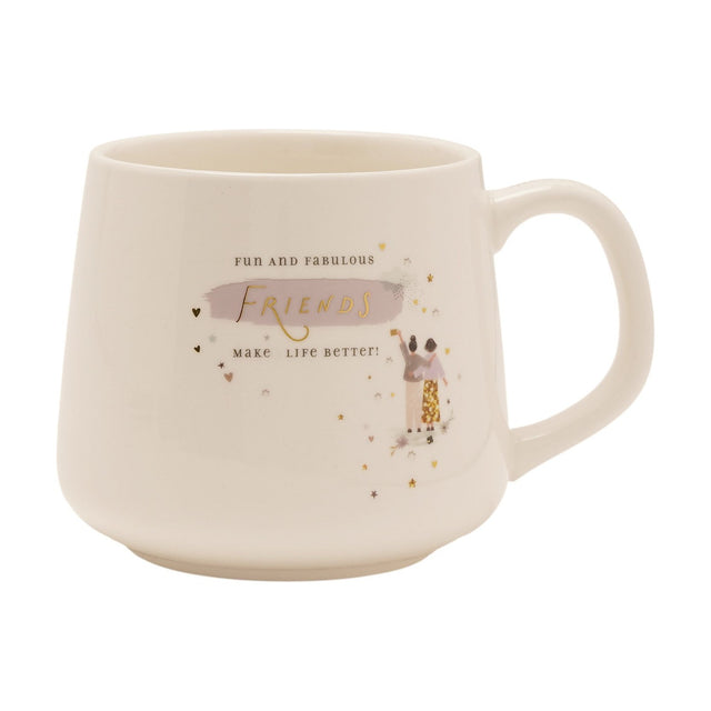 White stoneware mug with "Fun and Fabulous Friends Make Life Better" text, "Friends" in gold script over a purple brushstroke, two friends illustration, gold stars and hearts, plain white background.