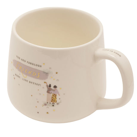 White stoneware mug with cream interior, printed Fun and Fabulous Friends Make Life Better in gold script over a purple brushstroke, with friends illustration and gold stars.